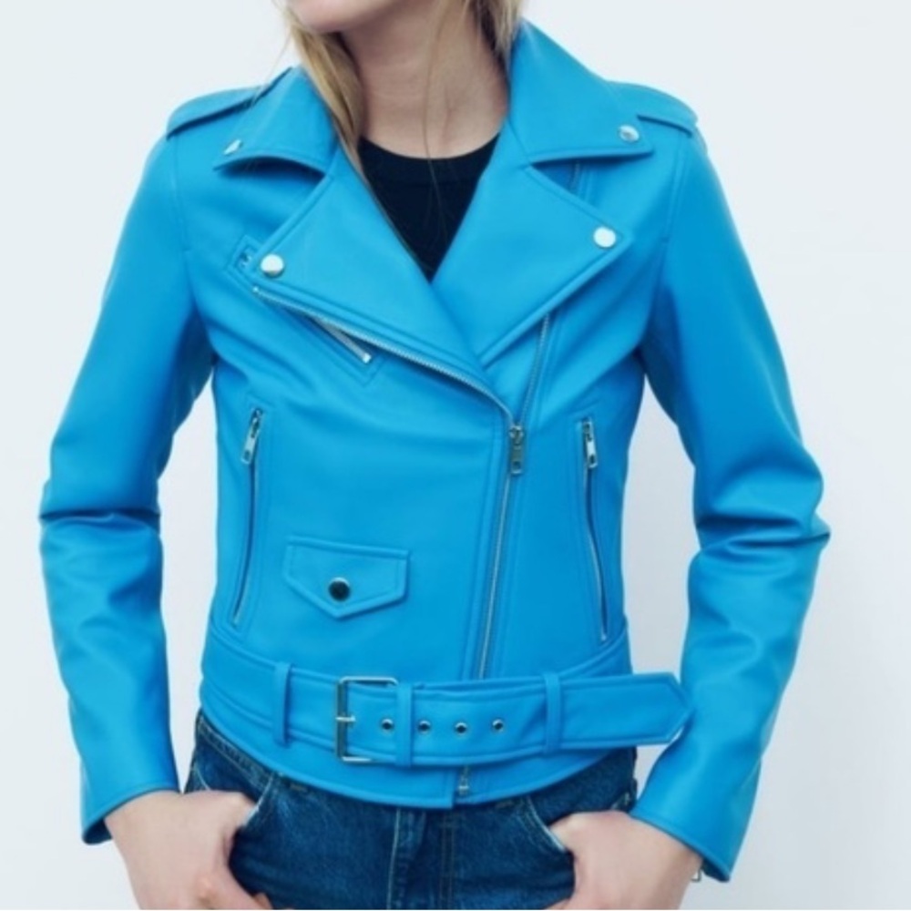 Zara Blue Moto Jacket Faux Leather